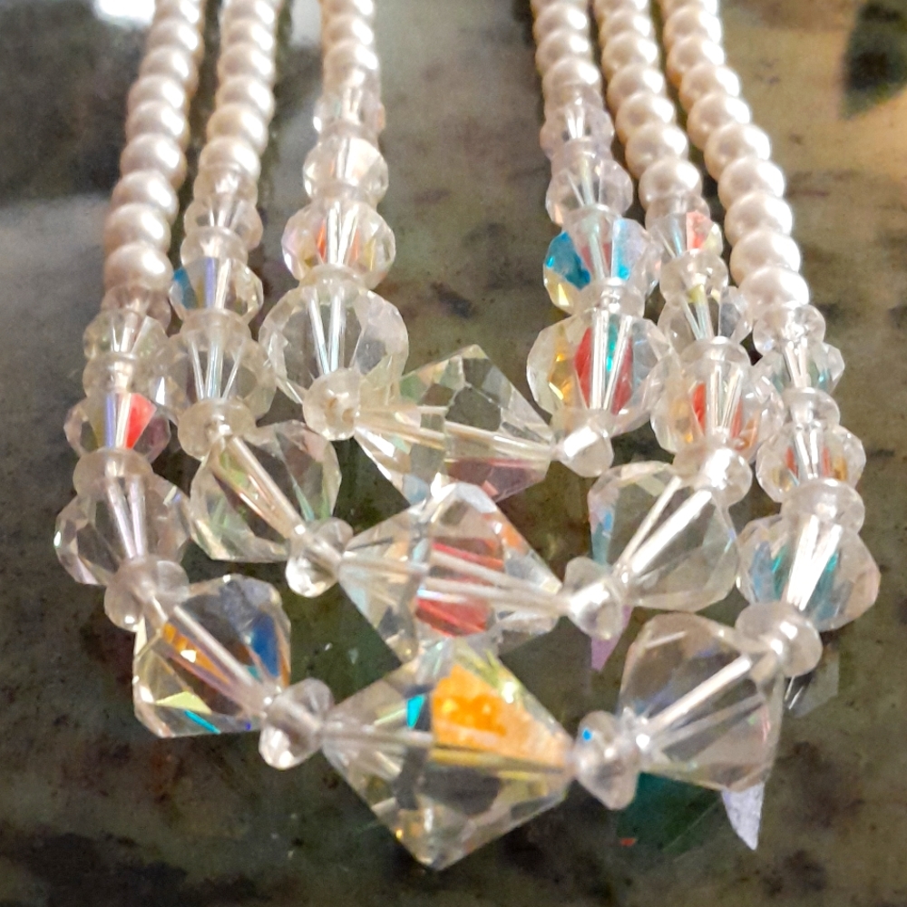 Vintage Swarovski crystal and faux pearl fashion choker necklace